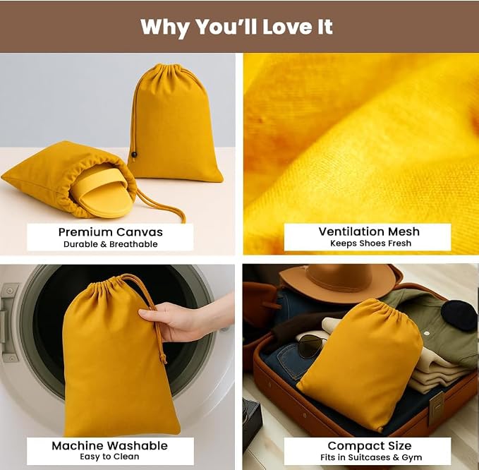 LFH Cotton Rich Shoe Storage Bags with Drawstring, Dustproof Breathable Reusable Organizer, Perfect For Travel, Dorm, Hotel, College, Gym, Easy to Carry, Machine Washable 8"x17" (Pack of 2) - Golden - Image 3