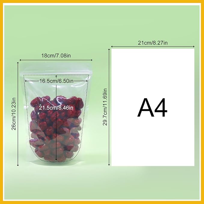 SumDirect 100Pcs 7x10.2 Inches Clear Stand Up Food Bags, Zipper Stand-up Reusable Sealing Food Pouches Snack Packing Bag with Tear Notch Heat Resealable for Storing, Cookie, Snack Tea and Drinking - Image 2