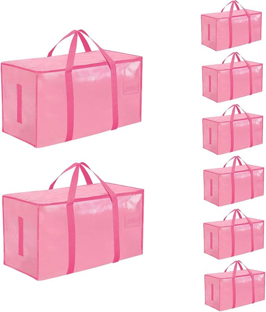 8 Pack-Extra Large Heavy Duty Moving Bags - Waterproof Storage Totes with Handles & Zippers, Foldable for College Dorm, Storage (Pink) by Unknown