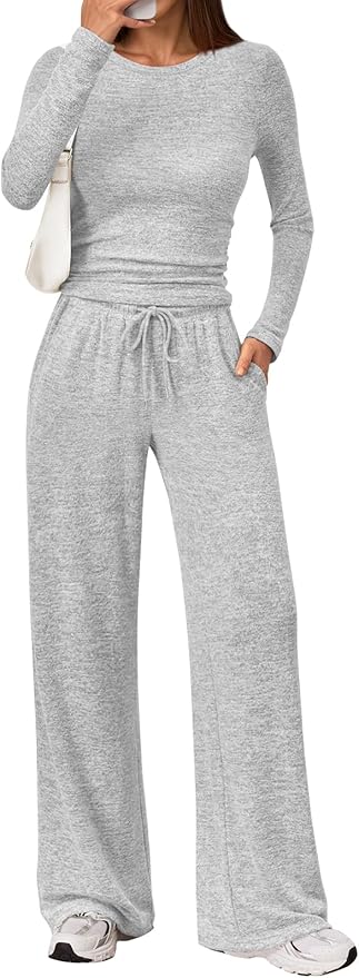 LILLUSORY Womens 2 Piece Matching Lounge Sets 2026 Fall Fashion Outfits | Long Sleeve Top & Drawstring Wide Leg Pants with Pockets, Workout Gym Comfort Sweat Suit, Travel Airport Vacation Clothing by Lillusory