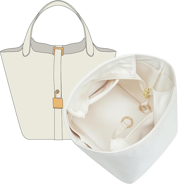 Doxo Satin Fabric Picotin 22 Bag Insert - Premium Purse Organizer for Picotin 22 with Zipper Closure and Keychain, Lightweight & Discreet Inner Liner, Fits Picotin 22 Luxury Totes(PC22, Craie) by Doxo