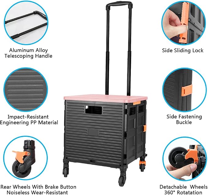 Quick Utility Cart Folding Portable Rolling Crate Handcart with Durable Heavy Duty Plastic Telescoping Handle Collapsible 4 Rotate Wheels for Travel Shopping Moving Luggage Office Use (black&pink lid) - Image 4