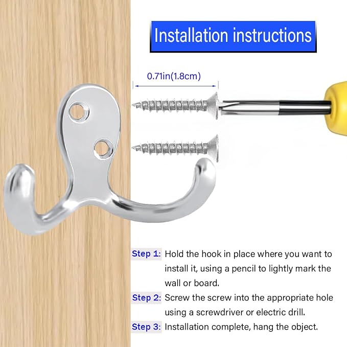 6 Pack Coat Hooks Wall Hooks for Hanging, Heavy Duty Double Prong Metal Hook Wall Mounted for Living Room, Bathroom, Kitchen, Bedroom for Coat, Bag, Scarf, Towel, Hat, Key, Cup (Silvery) - Image 6