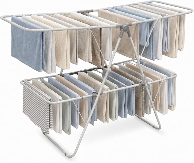 Brookstone 2 Tier Folding Rack - Indoor/Outdoor Collapsible Clothes Dryer Stand Laundry or Shoe Rack, Heavy Duty Freestanding Garment Hanger, Foldable, Clothing Drying Rack, White by Unknown