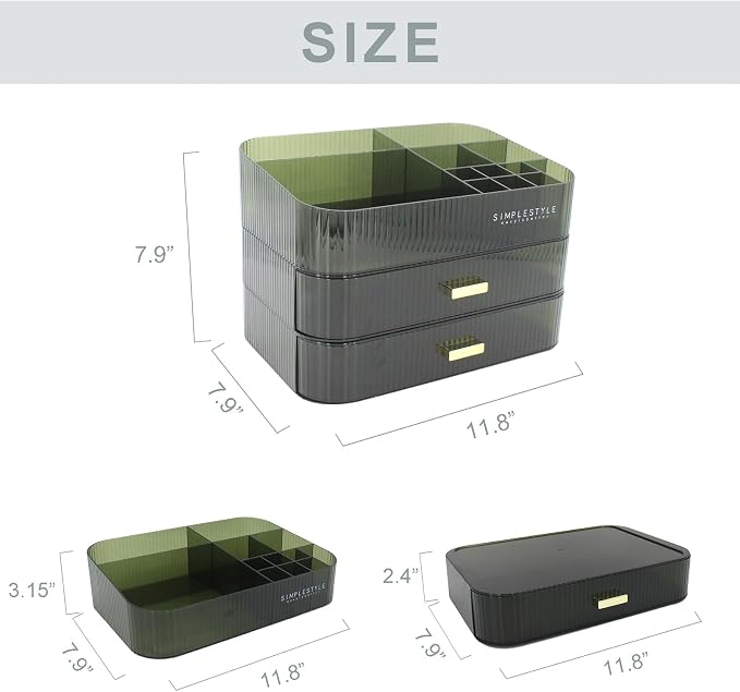 Makeup Organizer with 2 Drawers, Cosmetics Organizer for Bedroom and Bathroom Vanity Countertops, Large Capacity Cosmetic Storage Box for Skincare Cream Perfume Lipstick Dresser Counter-Green - Image 5