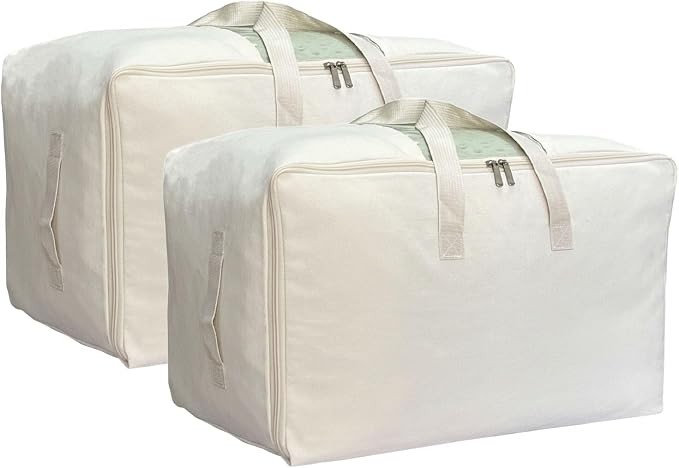DoYiKe Soft Large Canvas Comforter Storage Bags with Four Carrying Handles and Clear Window, Closet Organizer for Clothing, Blankets Sheets Pillows and Bedding, 80L, 2 Pack, Beige by DoYiKe
