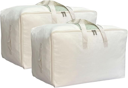 DoYiKe Soft Large Canvas Comforter Storage Bags with Four Carrying Handles and Clear Window, Closet Organizer for Clothing, Blankets Sheets Pillows and Bedding, 80L, 2 Pack, Beige by DoYiKe