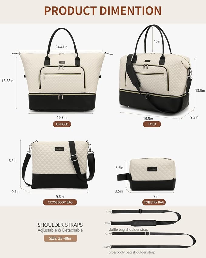Weekender Bags for Women Travel, Under Seat Carry On Bags for Airplanes Overnight Bag with Shoe Compartment Luggage Sleeve, Foldie Travel Tote Bag Hospital Bag, Travel Gifts, White Black - Image 3