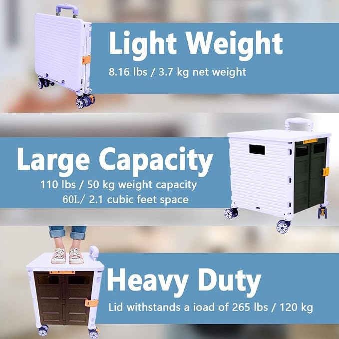 Quick Utility Cart Folding Portable Rolling Crate Handcart with Durable Heavy Duty Plastic Telescoping Handle Collapsible 4 Rotate Wheels for Travel Shopping Moving Luggage Office Use (Purple) - Image 3