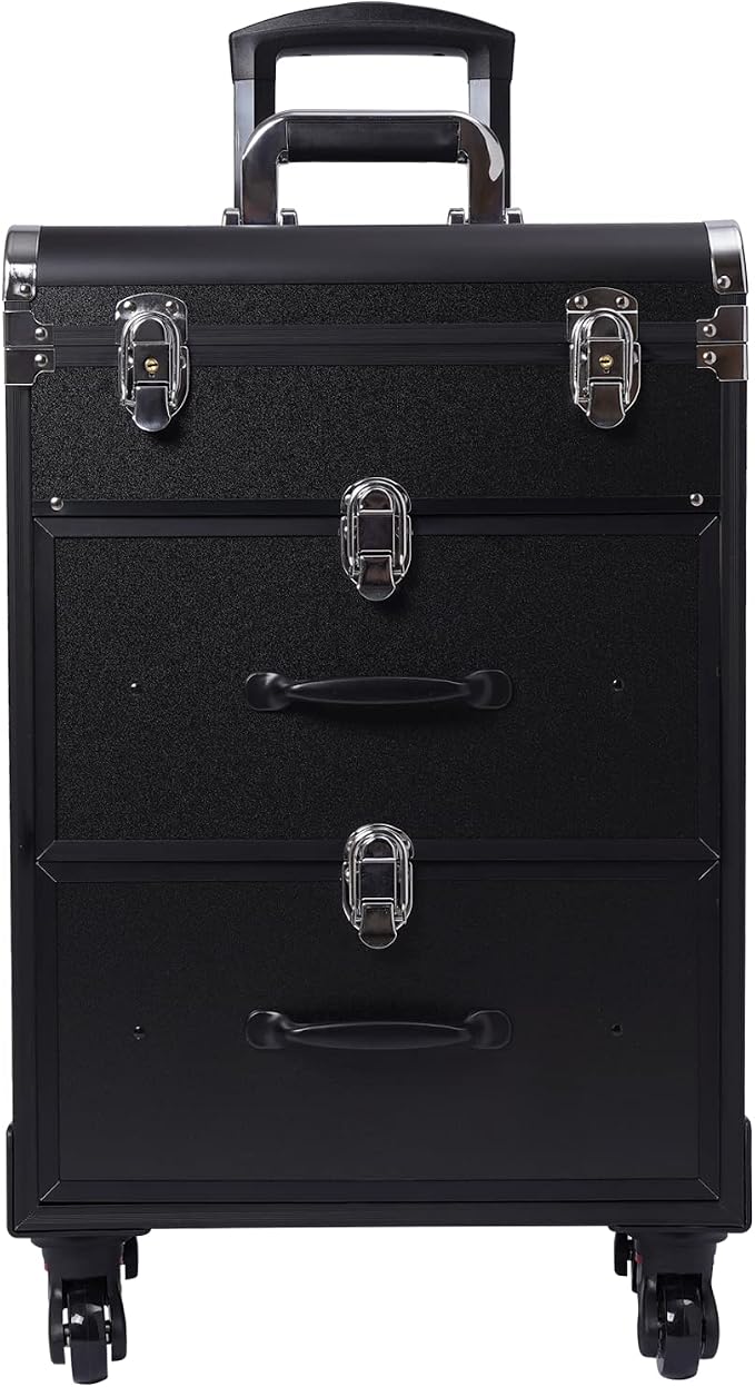 Rolling Makeup Case Cosmetic Train Cases Large Cosmetic Trolley with Locks Cosmetic Storage Organizer Travel Case Salon Barber Case for Makeup Artist Tattooist Nail Tech Hairstylists (Type D, Black) - Image 5