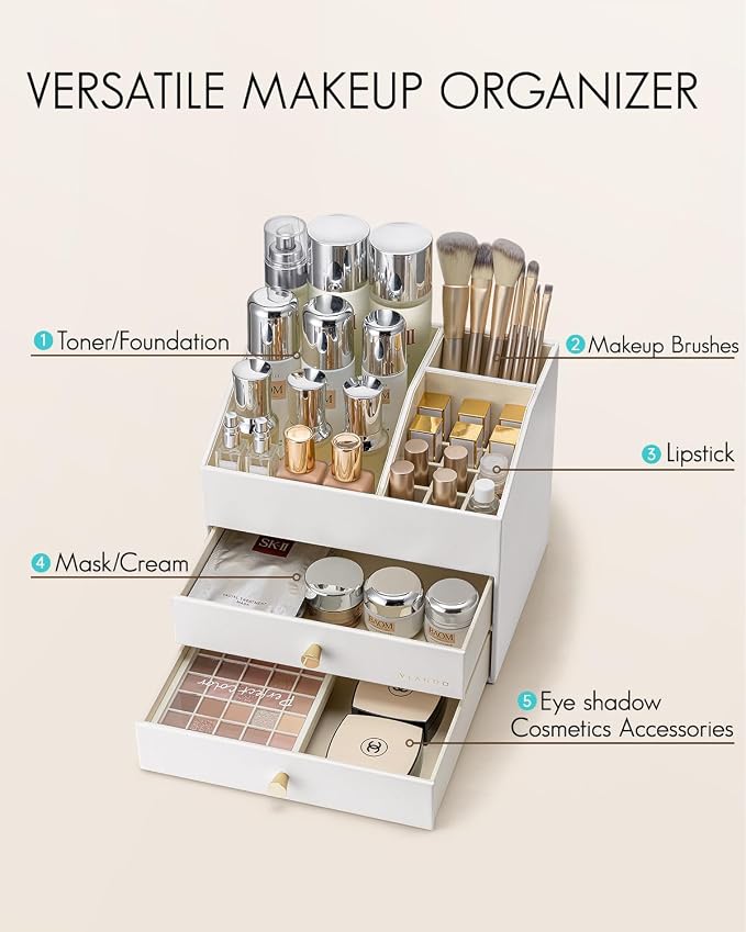 VLANDO Makeup Organizer for Vanity,Large Capacity Countertop Organizer with Drawers, PU Leather Cosmetic Display Case for Lipstick,Brushes,Skincare,Nail polish and Bedroom Storage (White) - Image 2