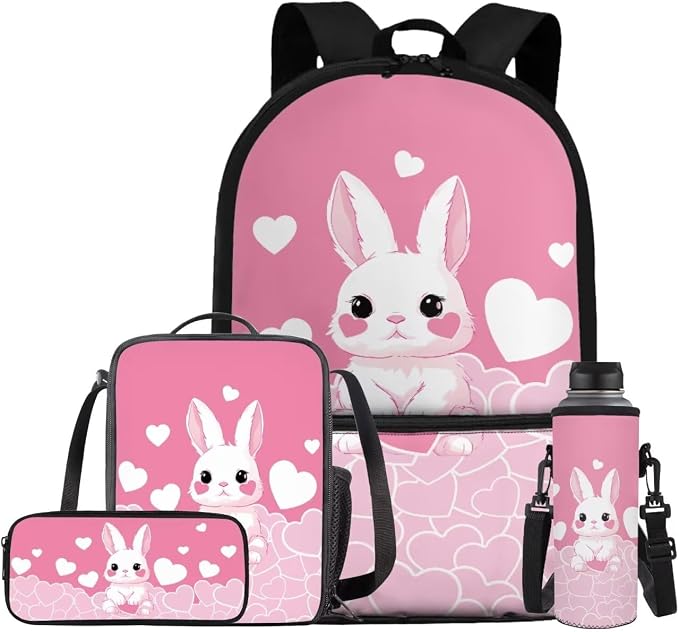 Bunny Backpack for Girls Kids Backpack with Lunch Box Water Bottle Carrier with Strap and Cute Pencil Case 4PCS Set Bookbag with Front Pocket for School 17 inch School Bag for Elementary Girls by ELEDIZI