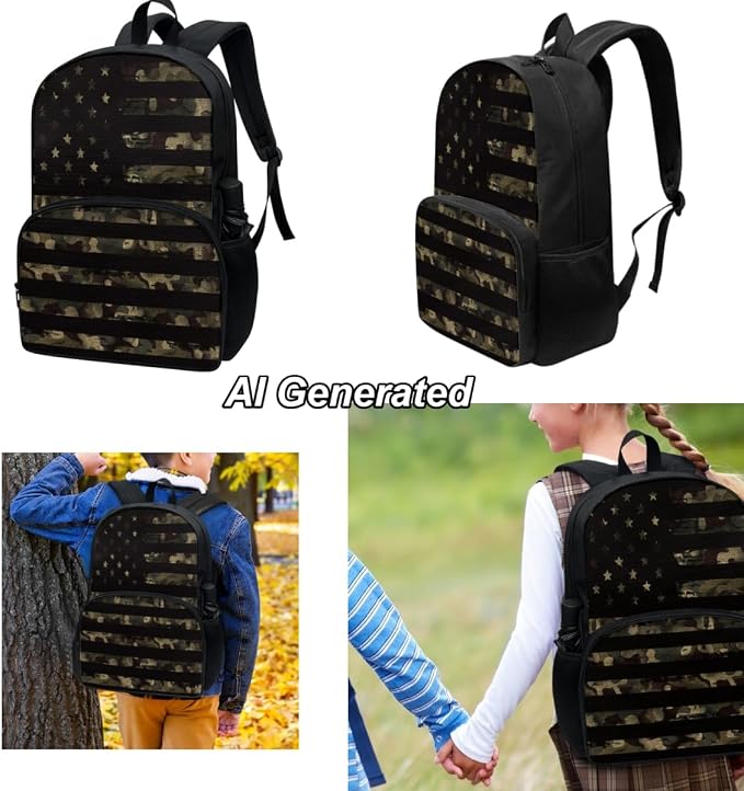 Flag Camouflage Boys 17 inch Bookbag with Lunch Box and Pencil Pouch Cute 3 Piece Bookbag Set for Teen Girls Kawaii Aesthetic Back to School Backpack - Image 3