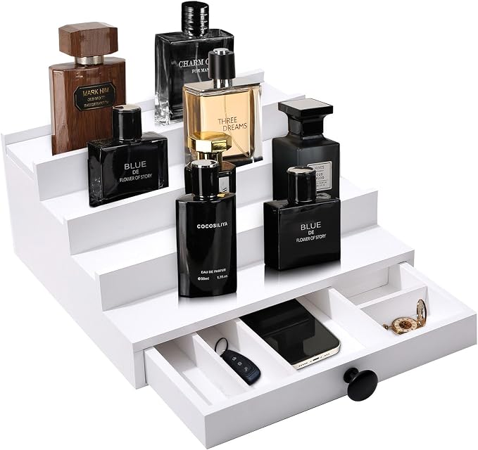 4 Tier White Cologne Organizer, Wooden Display Stand with Drawer Storage | Cologne Shelf and Rack, Perfume Tray, Hidden Storage, Clean Dresser Display, Birthday Christmas Gift for Men - Image 3
