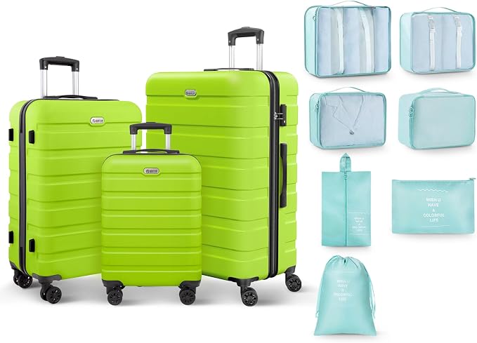 AnyZip Luggage Sets 10 Piece Hardshell Suitcase Set PC ABS Lightweight Travel Suitcases with 4 Double Spinner Wheels TSA Lock 20 24 28 Inch with 7 Storage Bags Apple Green by YourBestTravelChoice