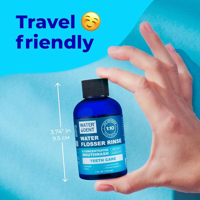 | Water Flosser Rinse, IRRIGANT, Concentrate Mouthwash | When dilluted1:10 = 44 fl.oz, Travel Size, Add to Oral irrigator, Mint Flavor, Alcohol & Fluoride Free. Made in USA | 4 fl.oz