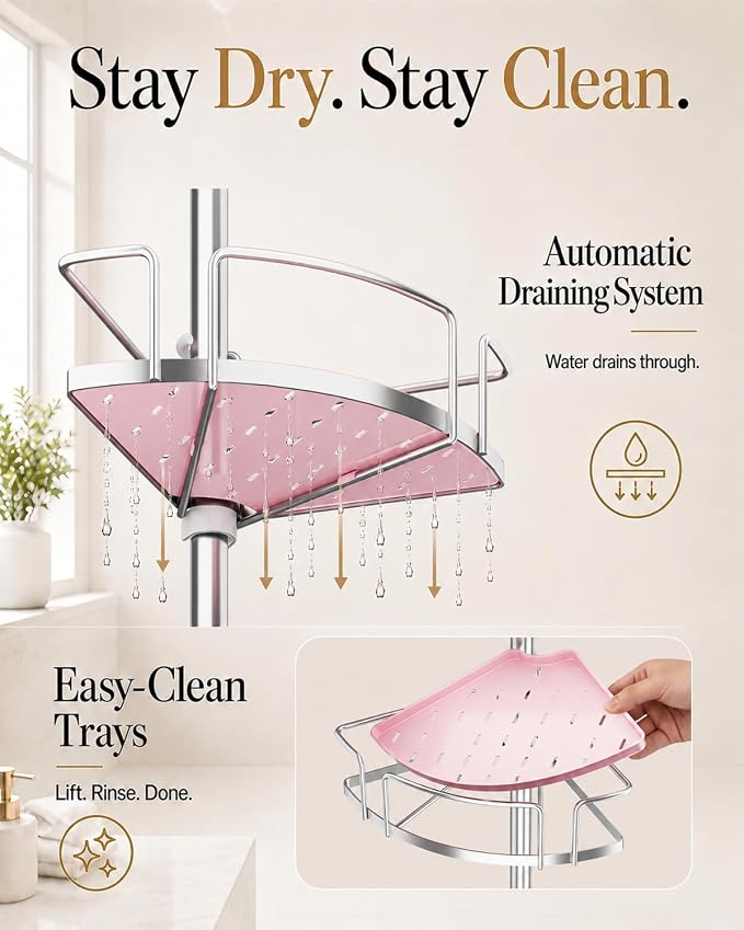ALLZONE Corner Shower Caddy Tension Pole, 4 Hang-On Basket with Mixed-Height Shelves for Various Bottle Sizes, Extra Hooks & Soap Holder, Rustproof Stainless Steel, Fits 34–116 Inch, Silver/Pink - Image 4