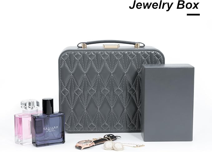 Travel Jewelry Case Large, Jewelry Box Large Jewelry Travel Organizer Jewelry Case with Handle, Best Gift for women Girls, Grey - Image 3