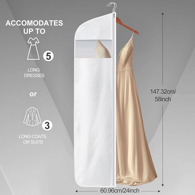 2 Pcs 58" 100% Organic Cotton Garment Bags for Hanging Clothes and Storage, Breathable Clothes Covers with Viewing Window and Card Pocket for Short Dresses, Jackets, Suits - Image 2