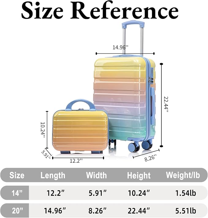 Gradient Yellow-Lake Blue Luggage Set 14" & 20" - 2 Piece PC Spinner Wheel Suitcases with Combination Lock, Lightweight Carry On for Business & Vacation - Image 7