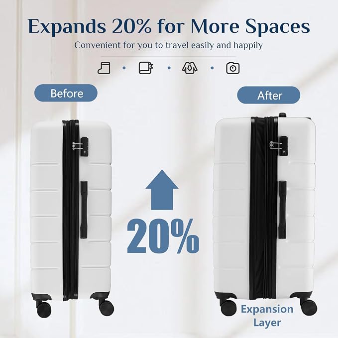 OLIXIS 3-Piece Luggage Set, Carry On Suitcases with Spinner Wheels, Expandable Travel Luggage with TSA Approved Lock & ABS Hard Shell, White, 20/24/28 Inch - Image 3