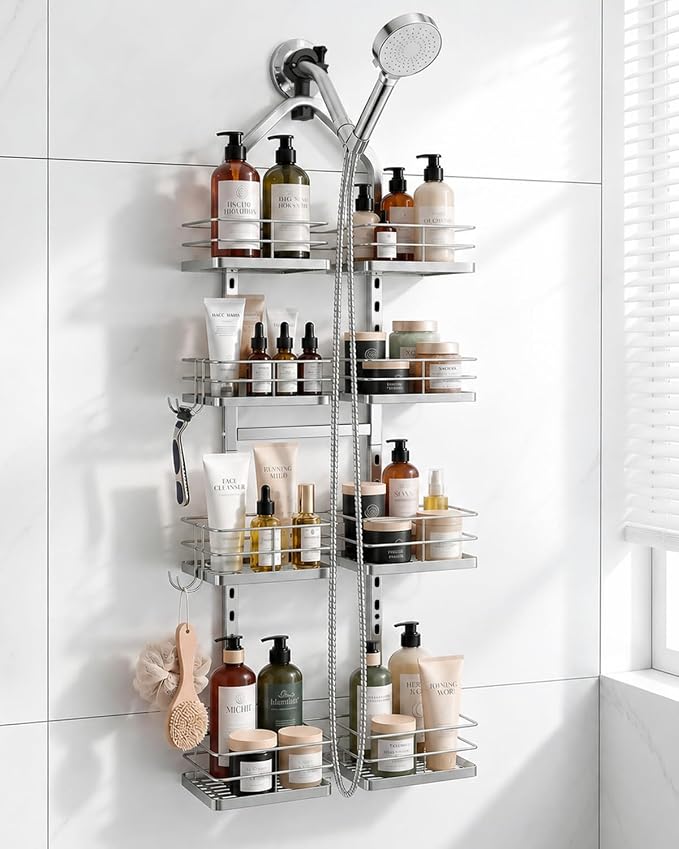 4-Tier Adjustable Hanging Shower Caddy for Handheld Showerhead, Silver | Rustproof Shower Rack Baskets, Anti-Swing Hanging Shower Organizer for Bathroom Storage with 2 S-Hooks, Large Capacity by ANCHImsr
