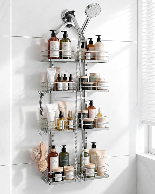 4-Tier Adjustable Hanging Shower Caddy for Handheld Showerhead, Silver | Rustproof Shower Rack Baskets, Anti-Swing Hanging Shower Organizer for Bathroom Storage with 2 S-Hooks, Large Capacity by ANCHImsr