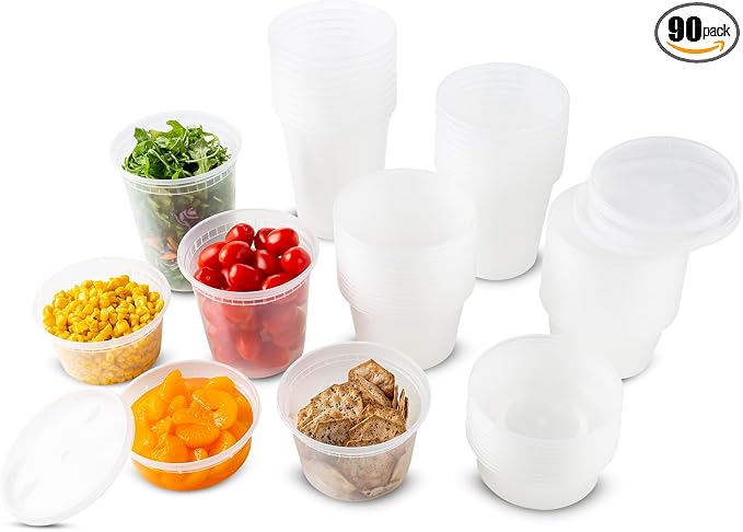 DuraHome Food Storage Containers with Lids Freezer Deli Cups 90 Sets Expanded Combo Pack 8oz 12oz 16oz 24oz & 32oz BPA-Free Leakproof Round Clear Takeout Meal Prep Microwavable, Airtight Lids by DuraHome