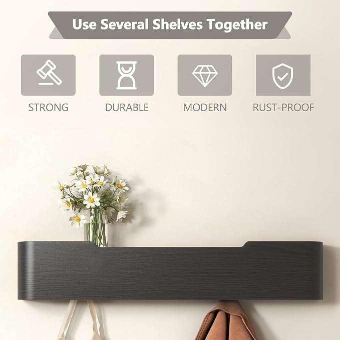 Wall Mounted Coat Rack with Shelf, Wooden Entryway Organizer with Hidden Metal Hooks for Hanging Coats Bags Keys, Modern Floating Shelf for Hallway Bathroom - Image 7