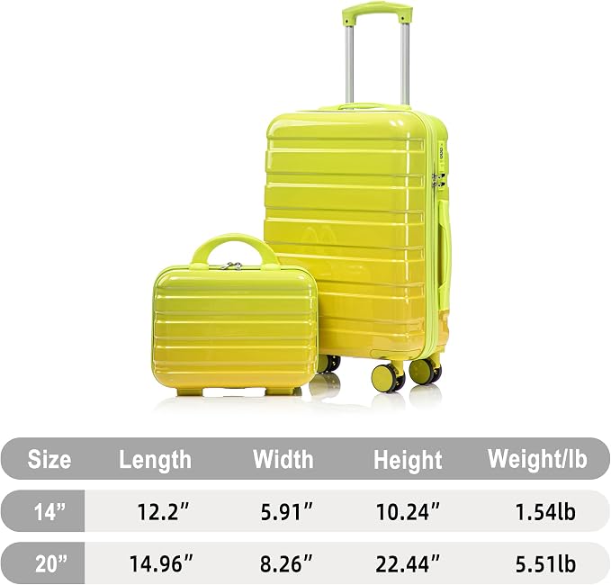 GDFStudio 14/20 Inch 2 Piece Luggage Set,PC Hard Shell Spinner Suitcase,Combination Lock,360° Silent Wheels, Retractable Handle,Carry On Travel Luggage with 14” Cosmetic Case,Gradient Yellow-Green - Image 3