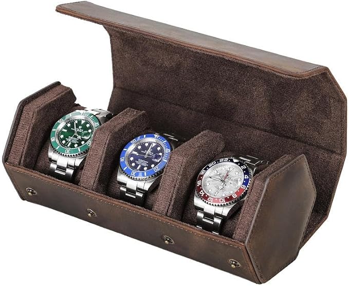 Genuine Leather Watch Roll Travel Case, Vintage Full Grain Leather Hexagon Watches Storage Organizer with Display Removable Pillows & Solid Dividers for Home Storage &Display(3 Slots) by UPRESYE