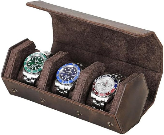 Genuine Leather Watch Roll Travel Case, Vintage Full Grain Leather Hexagon Watches Storage Organizer with Display Removable Pillows & Solid Dividers for Home Storage &Display(3 Slots) by UPRESYE