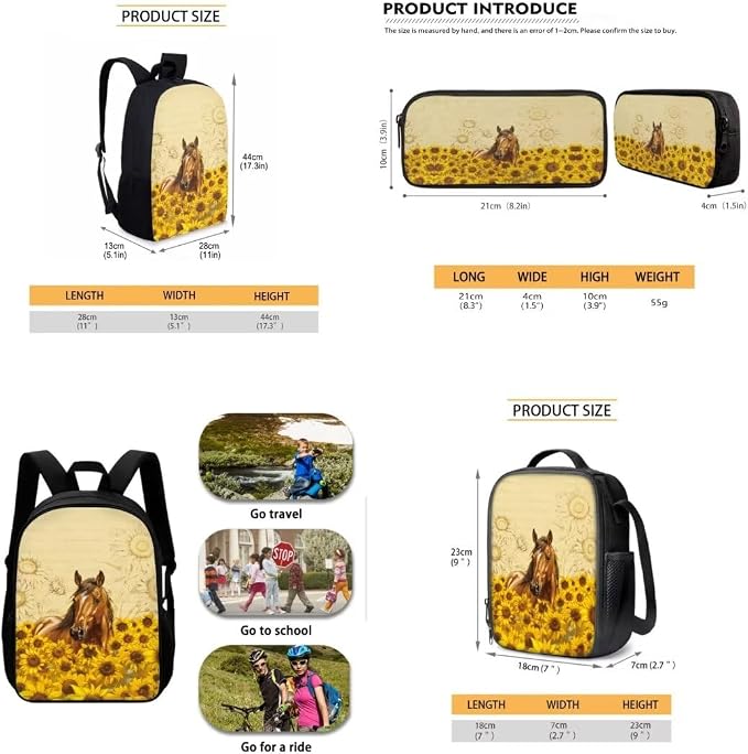 Mumeson Horse Sunflower Print 17" Backpack Kids School Travel Backpacks Satchel Casual Rucksack Daypack for Girls Boys Casual Rucksack Backpack with Lunch Bag Messenger Tote Bag Pencil Bag 3 Pieces - Image 5