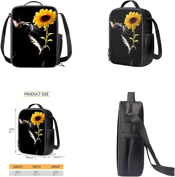 Sunflower Cat Backpack for Girls Kids Backpack with Lunch Box Water Bottle Bag and Soft Pencil Case 4PCS Set Bookbag with Front Pocket for School Teens 17 inch Large Capacity School Bag - Image 4