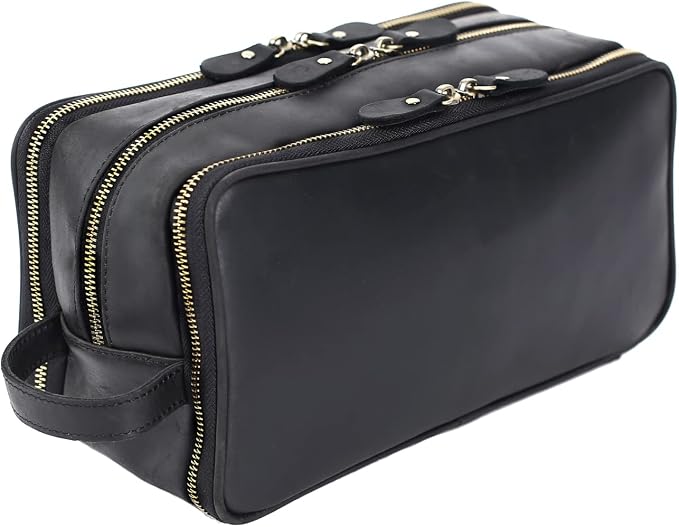 Personalized Leather Toiletry Bag for Men Travel Shaving Dopp Kit-Large Cosmetic Bags Toiletries Bathroom Organizer by ROCKCOW