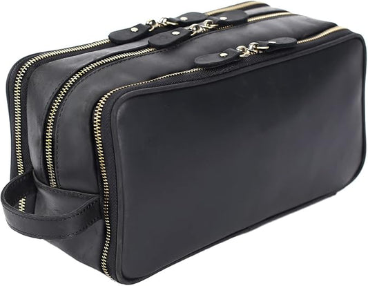 Personalized Leather Toiletry Bag for Men Travel Shaving Dopp Kit-Large Cosmetic Bags Toiletries Bathroom Organizer by ROCKCOW