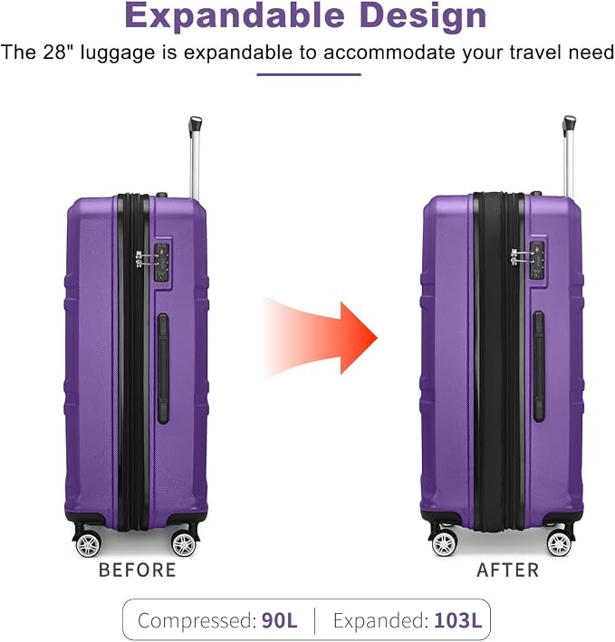 Kono 28 Inch Luggage Expandable Suitcase with Spinner Wheels TSA Lock | Lightweight PC+ABS Hardside Large Checked Luggage Durable Rolling Suitcase Purple - Image 3