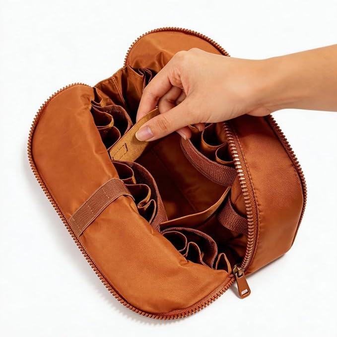 Travel Makeup Organizer Bag with Fold-Down Design, Adjustable Dividers, 27 Pockets & 3 Brush Holders, Large Capacity Cosmetic and Toiletry Organizer (Brown) - Image 3