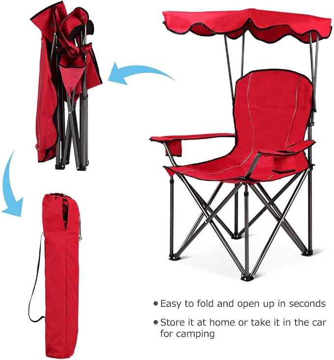 COSTWAY Portable Camping Chair with Canopy, Outdoor Lawn Chair with Shade, Carry Bag, Cup Holder, for Travel, Picnic, Beach (Red) - Image 7