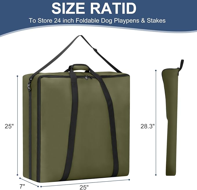 24" Dog Playpen Storage Bag, Suitable for Foldable Exercise Pet Playpens, Dog Fence Travel Bag with Handles for Camping and RV Trip, Waterproof Oxford Fabric Green - Image 2