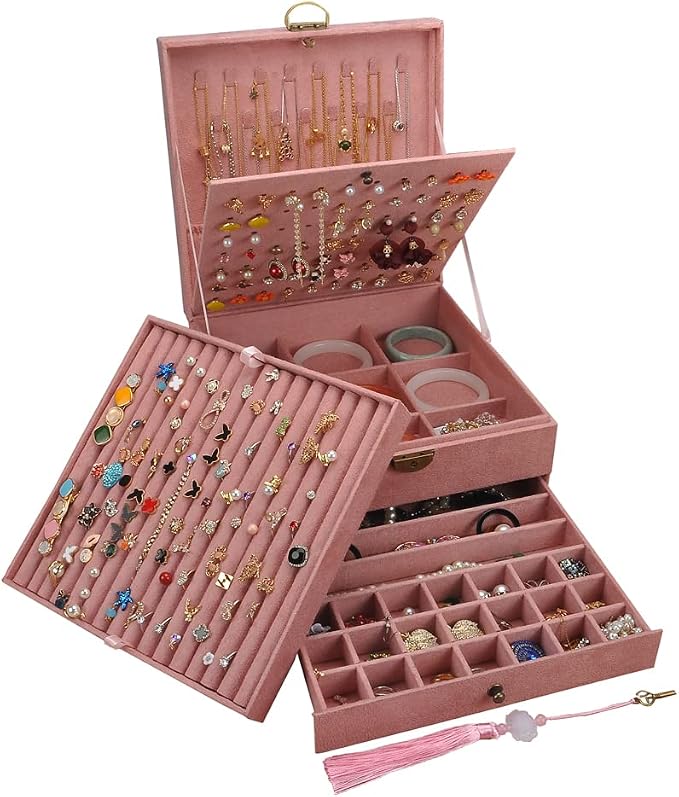 Jewelry Organizer 5 Layers Velvet Square Jewelry Box Women Necklace Ear studs Display Bangles Large Jewelry Storage Case Drawer GY306 (Pink) by GYJOYERO