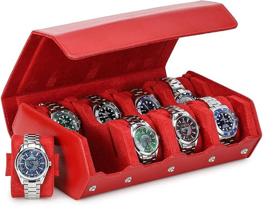 Hiram SaffianoLeather Hexagon Watch Roll Travel Case, Leather 8-Watches Roll Case with Removable Pillow Cushion for Treasured Watches and Bracelets-RED by Hiram