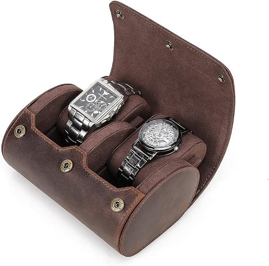 Hiram Leather Watch Roll Travel Case,Vintage Crazy Horse Leather 2-Slots Watch Box with Removable Velvet Pillows, Secure Metal Clasp, Perfect for Daily Display & Business Travel by Hiram