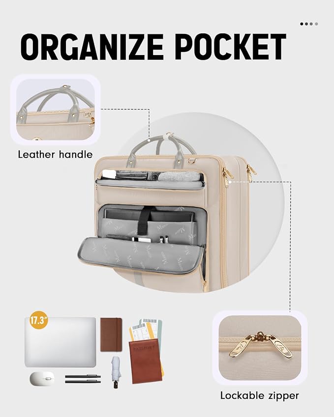 MATEIN Garment Bags for Travel for Women, Large Garment Bags for Hanging Clothes Up to 7 Suits, Business Convertible Travel Suit Carrier with Strap, Foldable Suitcase Luggage Fit 17.3" laptop, Beige - Image 3