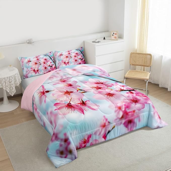 Erosebridal Cherry Blossoms Comforter Set Queen Size, Japanese-Style Floral Duvet Sets, Pink Flower Pattern Bedding Set for Kids Girls Teens Adult Bedroom, Romantic Bedding Comforters - Image 6