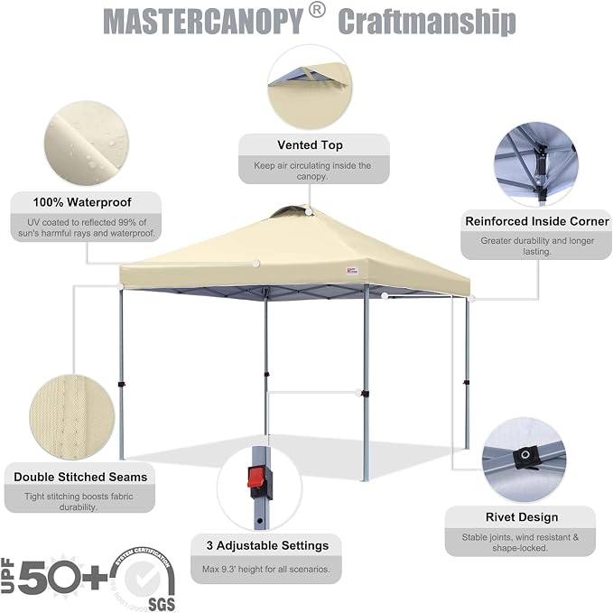 MASTERCANOPY 10x10 Pop Up Canopy Tent, 1 Person Setup Instant Shelter,Outdoor Portable Beach Canopy with Roller Bag, 4 Sandbags, 4 Ropes, 8 Stakes (10x10, Beige) - Image 3