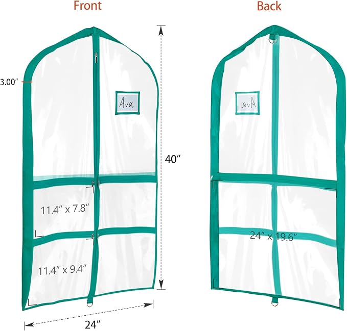 Univivi Clear Blue-Green PVC Dance Costume Garment Bag 40 Inch For Dance Competitions With 4 Medium Zipper Pockets And 1 Large Back Zippered Pocket (12 Pack, Clear Blue-Green) - Image 3