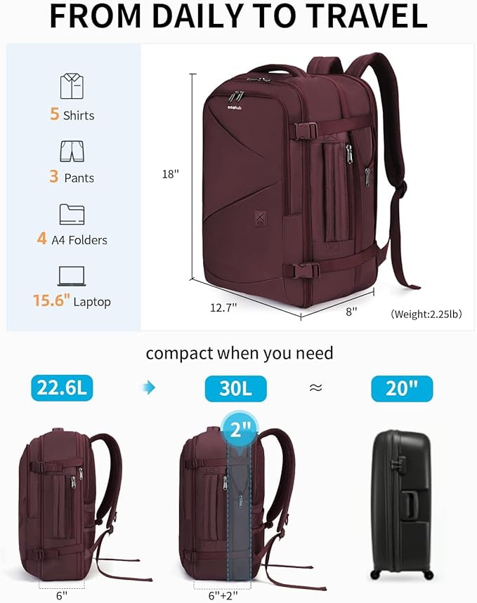 ECOHUB Carry On Travel Backpack, Expandable Airlines Personal Item Bag 18x14x8, Water Resistant 17 inch Laptop Backpack Flight Approved, 12 Pockets 30L Work Backpacks with Wet Pocket & Cable Slot, Red - Image 3