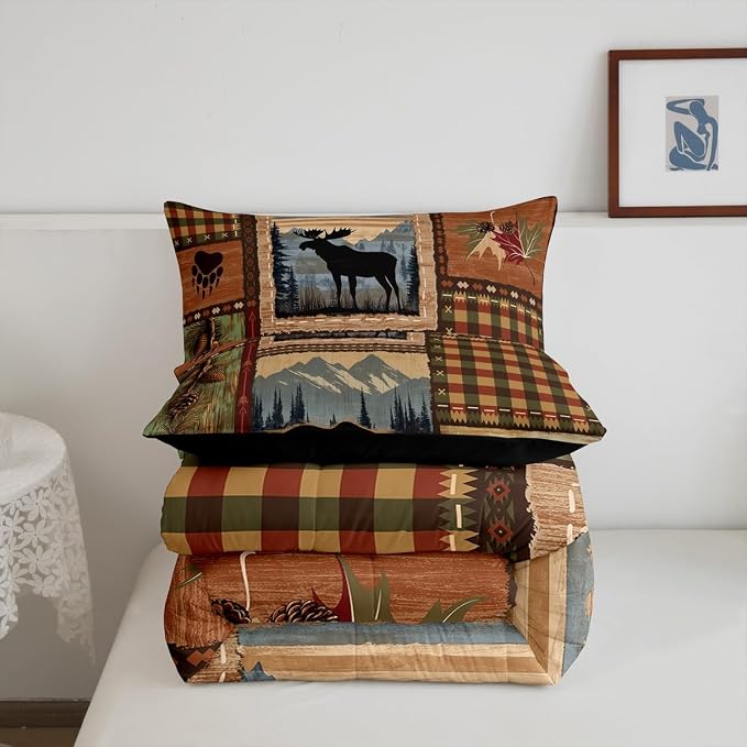 Erosebridal Happy Camping Comforter Set for Cabin Lodge Southwest Hunting Animal Bedding Set Tribal Camper Themed Comforter Sets Farmhouse Hunting Bear Moose Duvet Insert with 2 Pillow Shams,King - Image 6