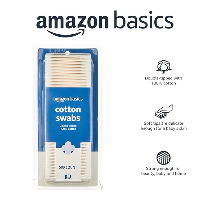 Amazon Basics Cotton Swabs for Personal Hygiene and Baby Care, 500 Count, 1 Pack